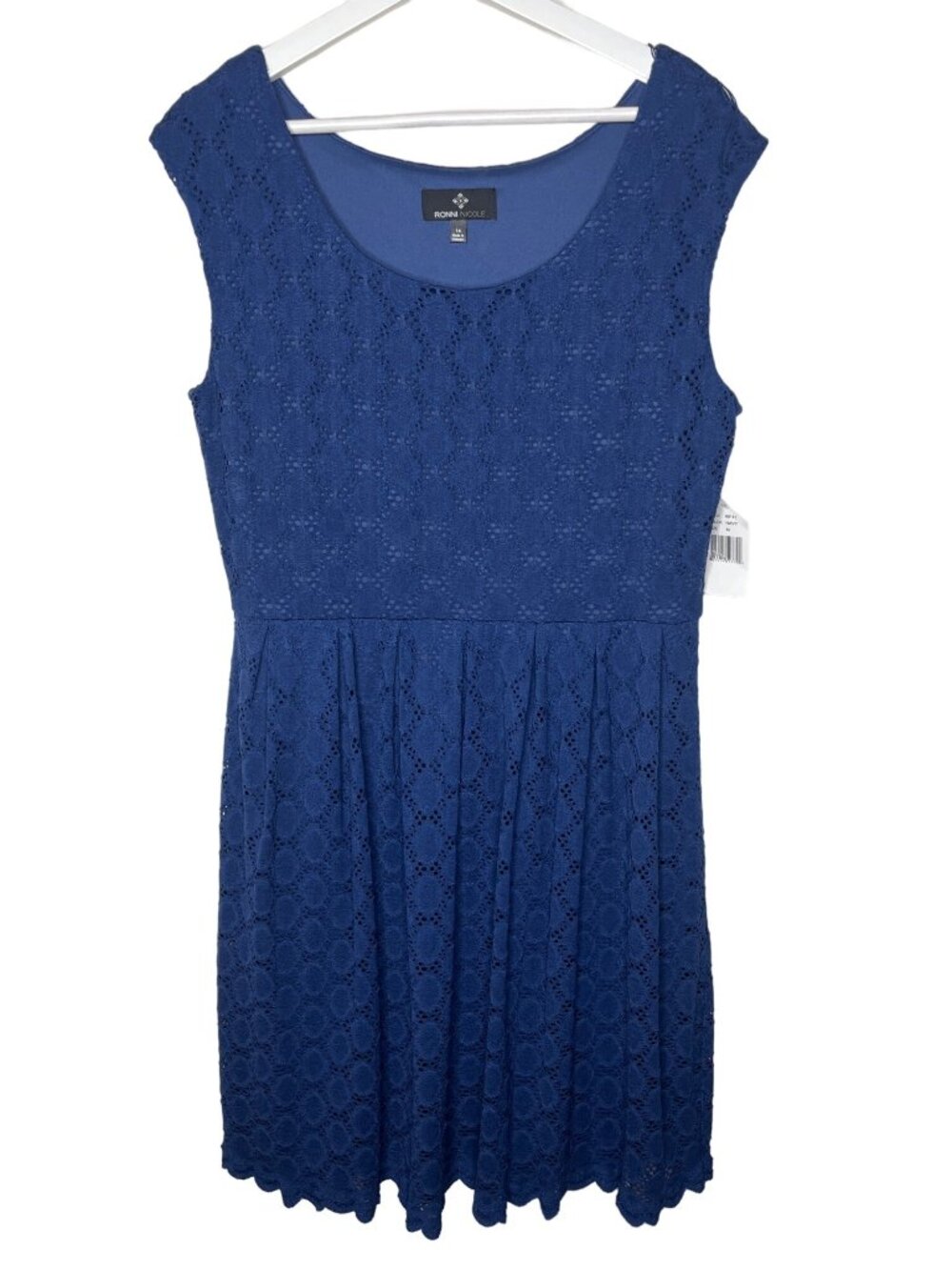 Ronni Nicole Womens Size 14 Blue Eyelet Lace Pleated Dress Sleeveless